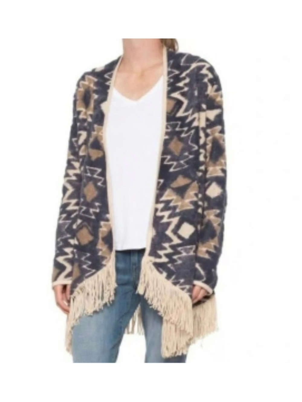 Lucky Brand Boho Southwestern Fringe Open Front Cardigan Sweater Small GUC